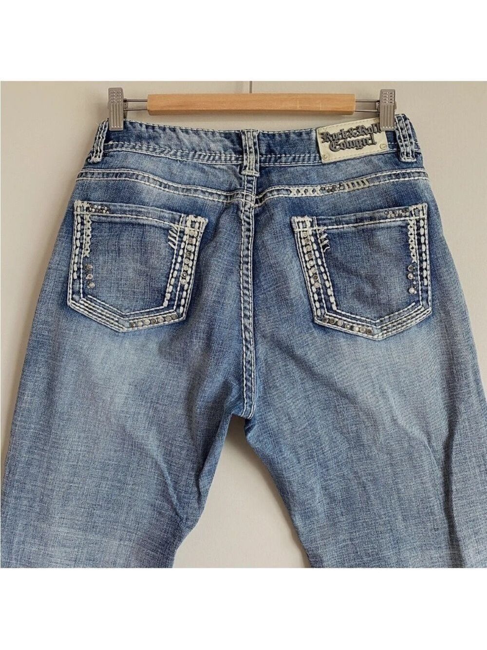 Rock & Roll Cowgirl Mid Rise Bootcut Jeans Sz 32 x 32 Bling Pocket
